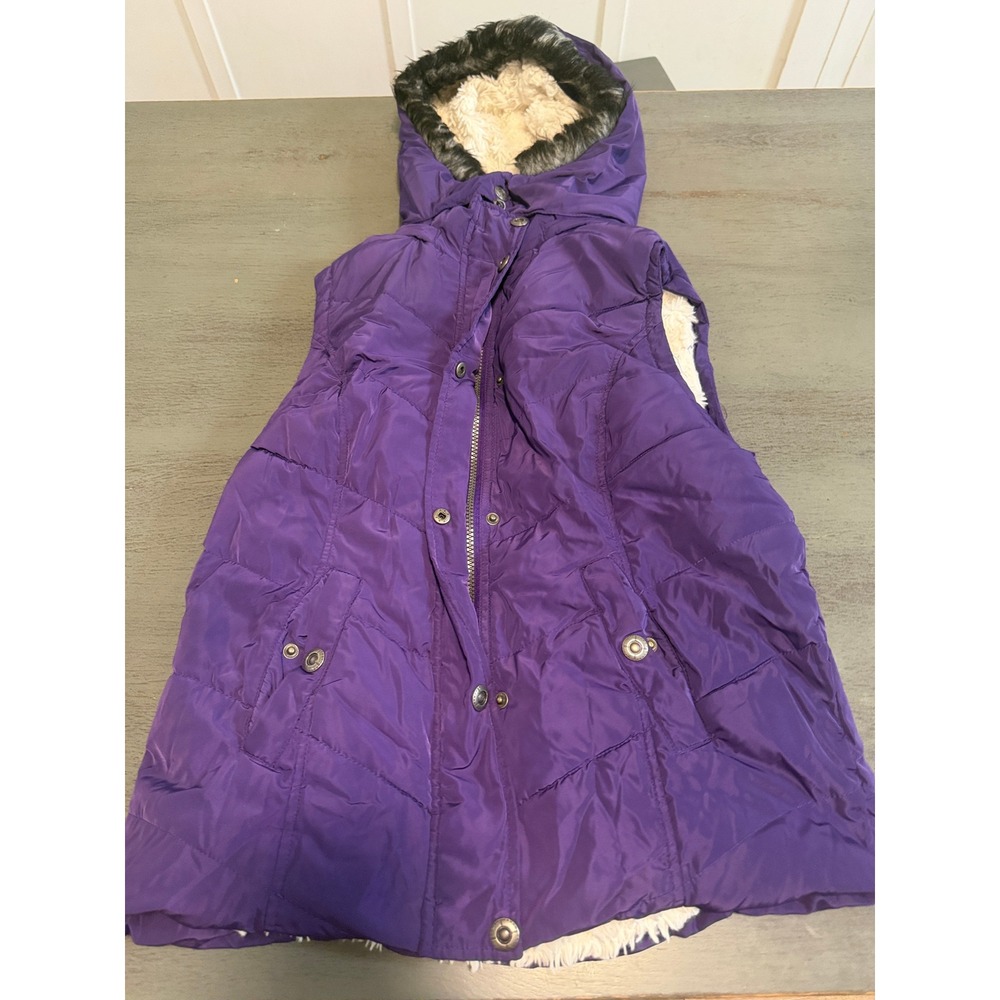 Purple Quilted Puffer Vest Faux Fur Lined Hooded Sleeveless Jacket Large FW8002A